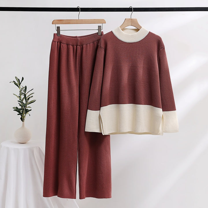 Damen elegantes Strick-Loungewear-Set mit weitem Bund und dekorativem Kragen Drune