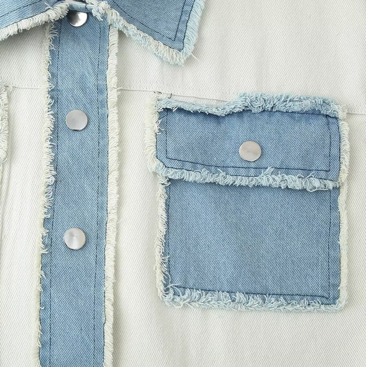 Damen cropped Denimjacke mit kontrastierenden Taschen und fransigem Saum Drune