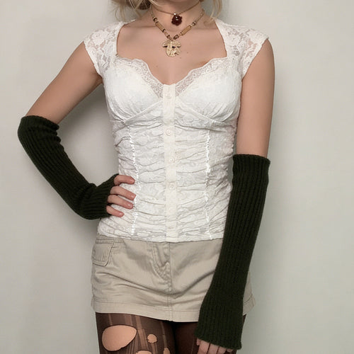 Damen Spitzen-Cropped-Top mit elegantem V-Ausschnitt und Rüschendetails Drune