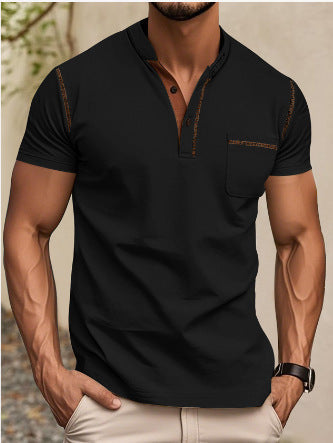 Herren nan modernes Kurzarm-Henley mit Stehkragen, Kontrastnähten und aufgesetzter Brusttasche Drune