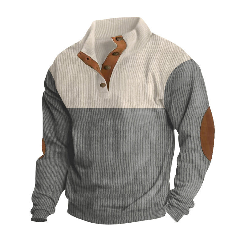 Herren nan rustikaler gerippter Pullover mit Henley-Kragen und lederartigen Ellbogenbesätzen Drune