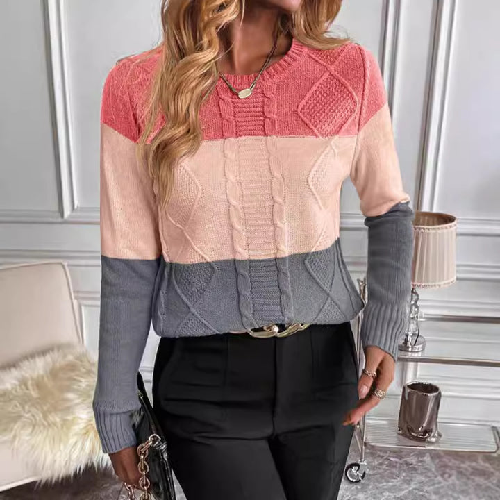 Damen Grobstrickpullover mit modischem Zopfmuster und kontrastierenden Farben Drune