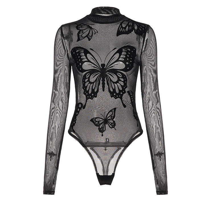Damen Elegantes Bodysuit mit feinen Schmetterlingsmotiven und transparentem Stoff Drune