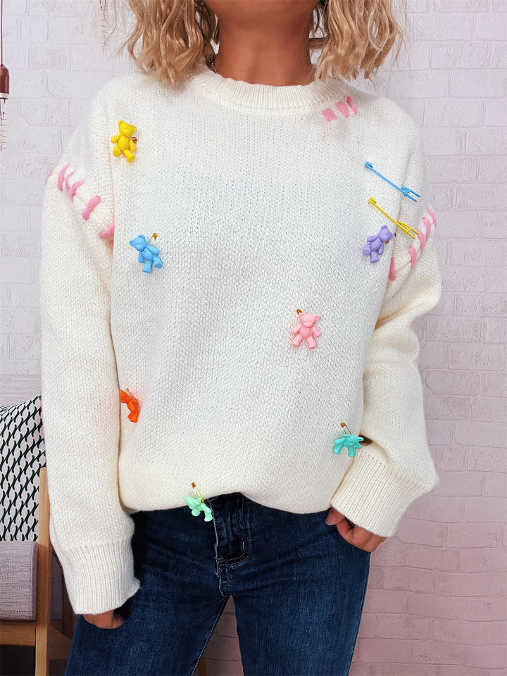 Damen Pullover mit verspieltem Bären-Motiv und dekorativen Applikationen Drune