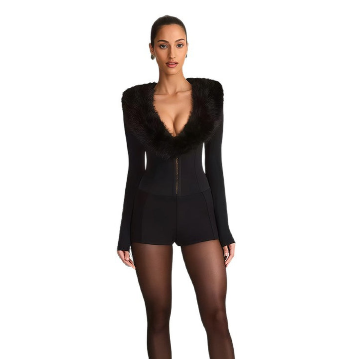 Damen Jumpsuit mit königlichem Fellkragen und figurbetontem Schnitt Drune