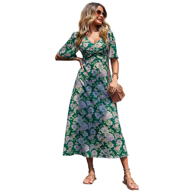 Damen Maxikleid mit floralem Design und tiefem V-Ausschnitt Drune