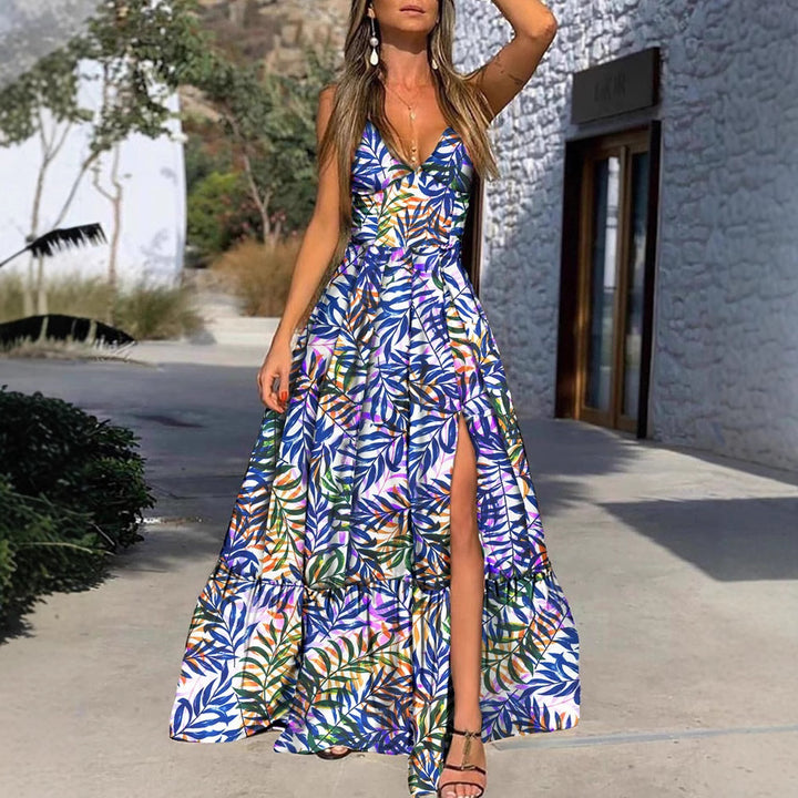 Damen Maxikleid mit romantischem Blumenmuster und hohem Schlitz Drune