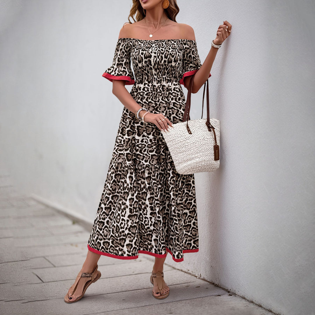 Damen Off-Shoulder Maxikleid mit Rüschendetails und animalischem Muster Drune