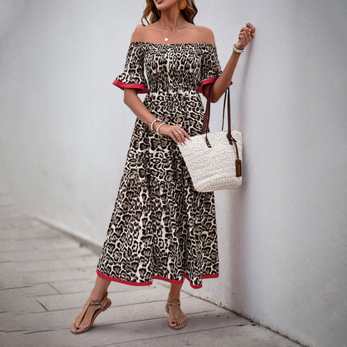 Damen Off-Shoulder Maxikleid mit Rüschendetails und animalischem Muster Drune