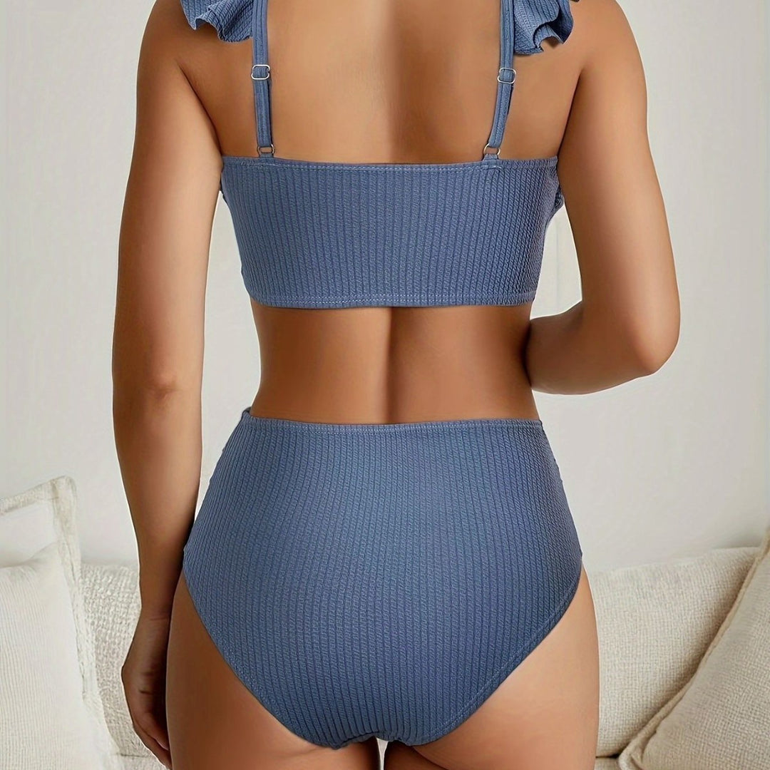 Damen Hochgeschnittenes Badeoberteil mit Rüschendetails und passendem Bikini-Unterteil Drune