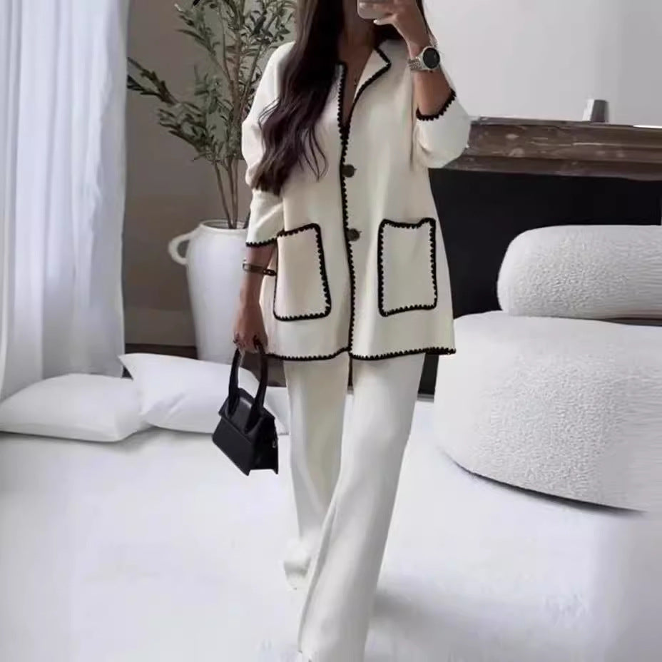 Damen elegantes Strickblazer-Set mit kontrastierenden Details Drune