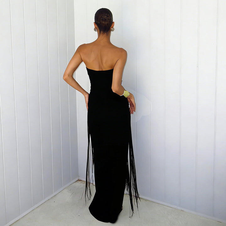 Damen Elegantes Maxi-Kleid mit Fransen und tiefem Ausschnitt Drune
