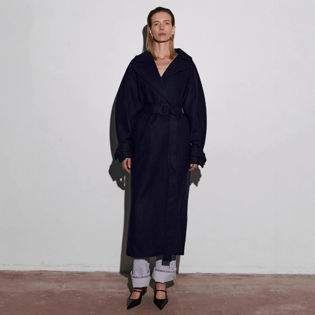 Damen Eleganter Wickelmantel mit breitem Kragen und Gürtel Drune