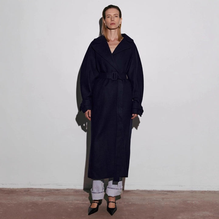 Damen Eleganter Wickelmantel mit breitem Kragen und Gürtel Drune
