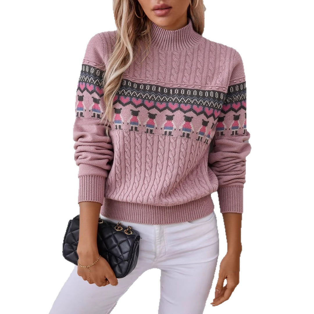Damen Strickpullover mit kreativem Muster und hohem Kragen Drune