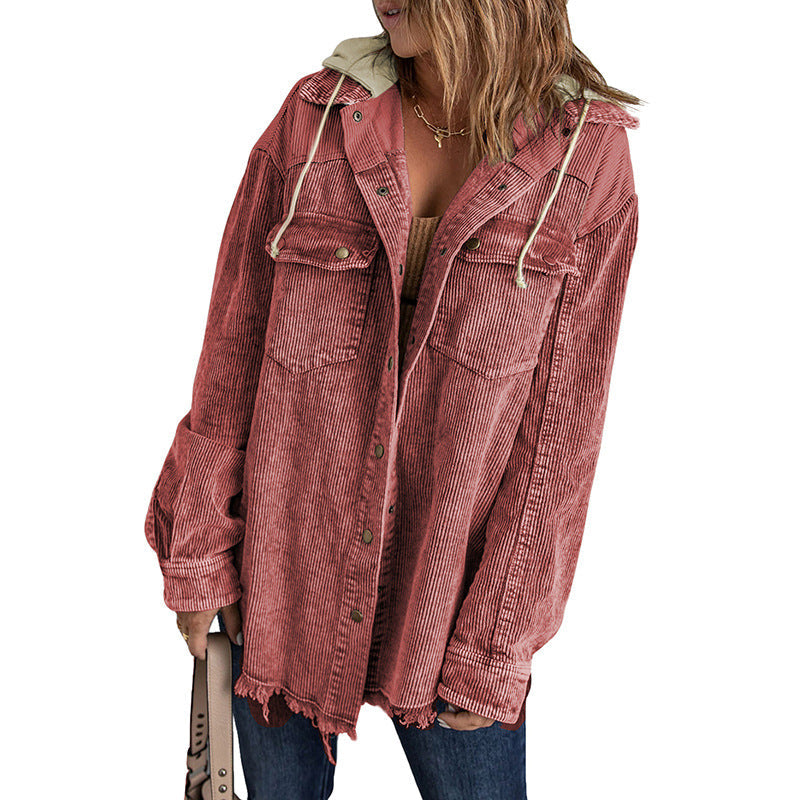 Drune | Damen Kapuzenjacke – Corduroy – Oversized Fit – Knopfverschluss – Ausfrans Saum Casual
