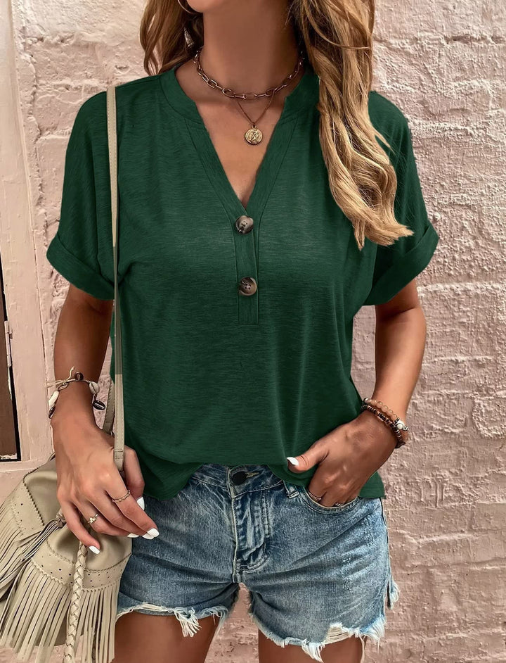 Damen legeres V-Ausschnitt T-Shirt mit Knopfleiste Drune