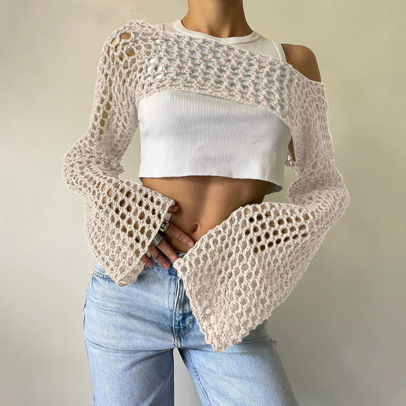 Damen gehäkeltes Langarm-Top mit Off-Shoulder-Design Drune