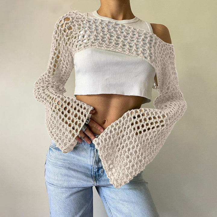 Damen gehäkeltes Langarm-Top mit Off-Shoulder-Design Drune
