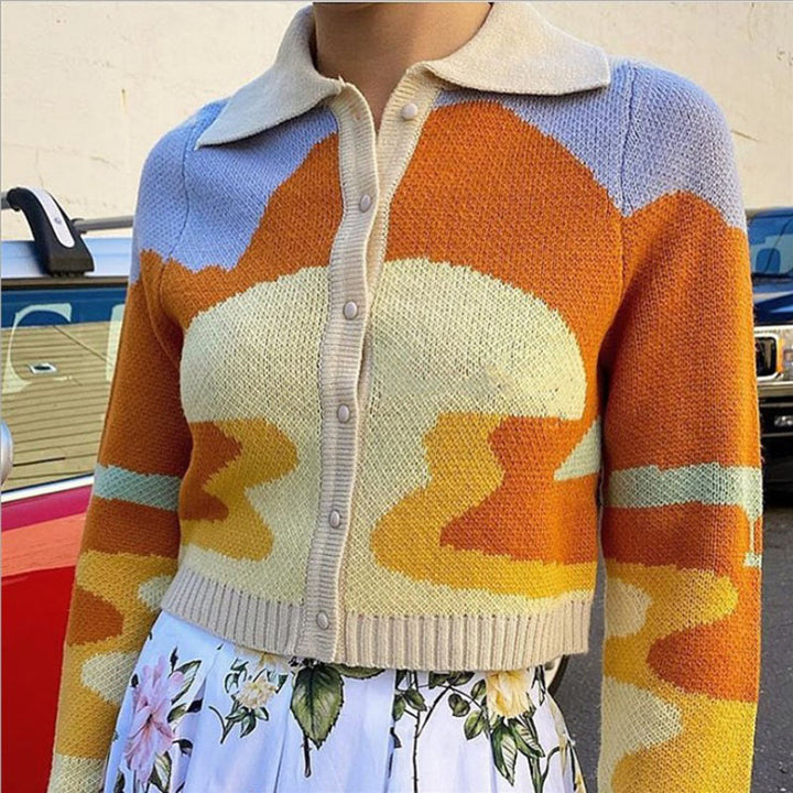 Damen modische Strickjacke mit kreativem Farbverlauf und Kragen Drune