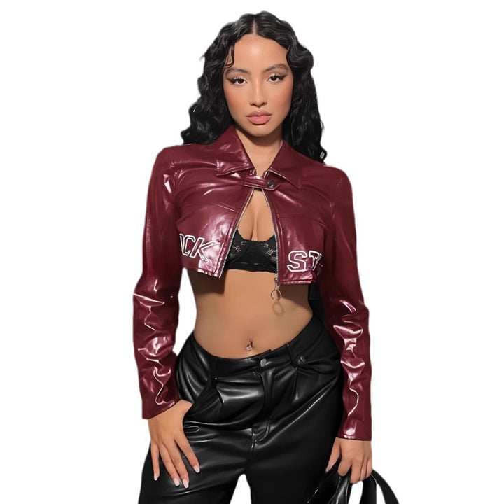 Damen trendige cropped Kunstlederjacke mit ausgefallenem Verschluss Drune