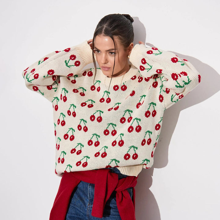 Damen Gemusterter Strickpullover mit fruchtigem Design und lässiger Passform Drune