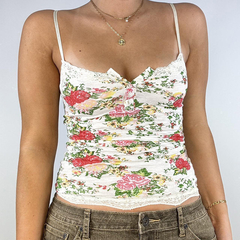 Damen Top mit Spitzenbesatz und floralen Mustern Drune