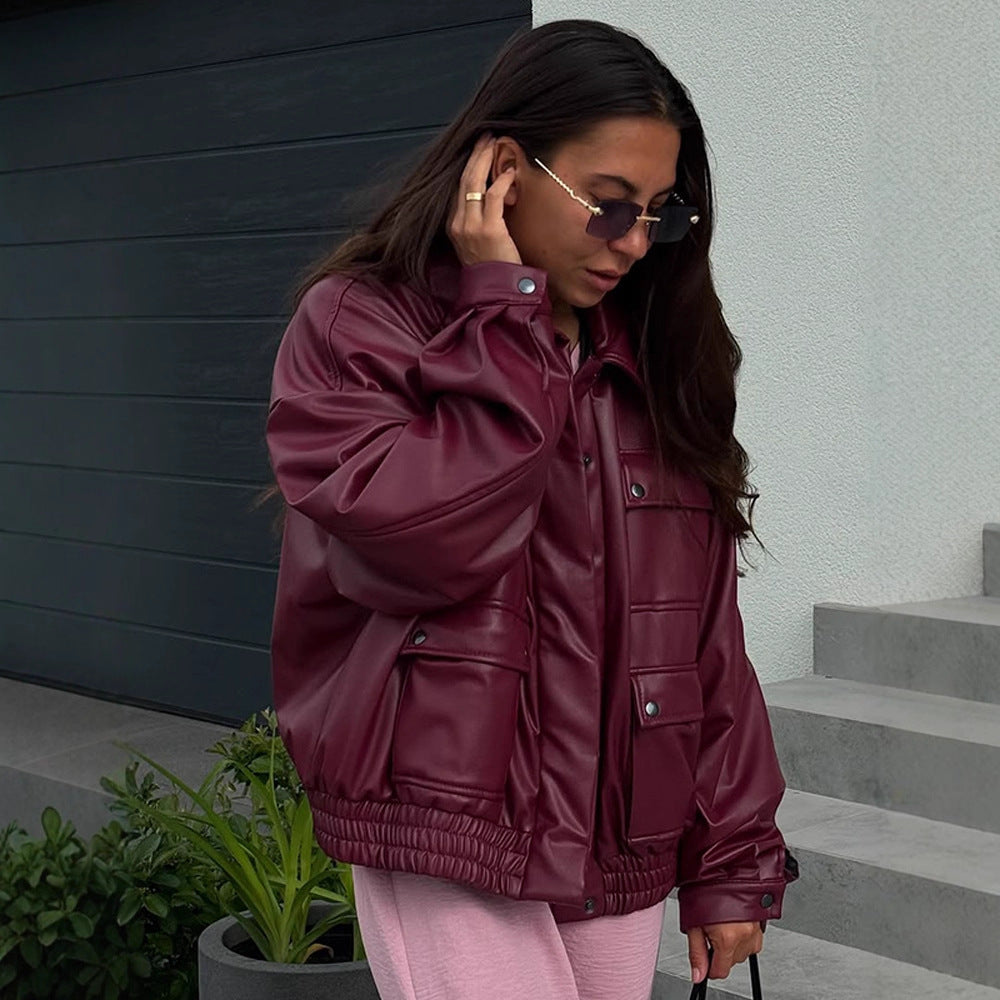 Damen oversized Kunstlederjacke mit funktionalen Taschen und elastischem Bund Drune
