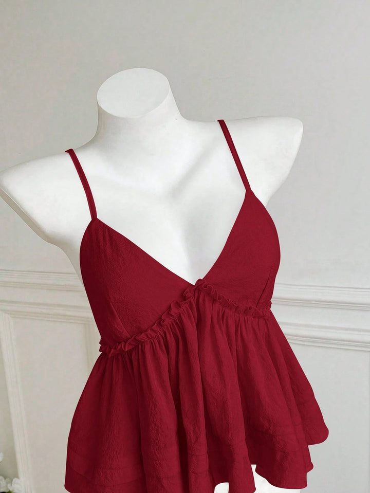 Damen asymmetrisches Top mit Rüschen und tiefem V-Ausschnitt Drune