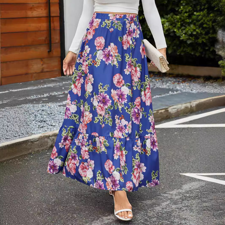 Damen Maxi-Rock mit fröhlichem Blumenmuster und voluminösem Stufenansatz Drune