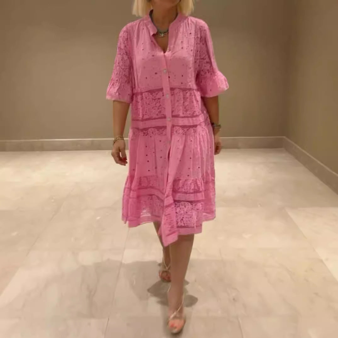 Damen nan romantisches Midikleid mit Broderie-Anglaise, durchgeknöpftem Oberteil, Stehkragen, halblangen Volantärmeln und stufigem Saum Drune