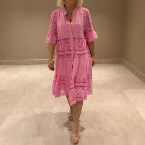 Damen nan romantisches Midikleid mit Broderie-Anglaise, durchgeknöpftem Oberteil, Stehkragen, halblangen Volantärmeln und stufigem Saum Drune
