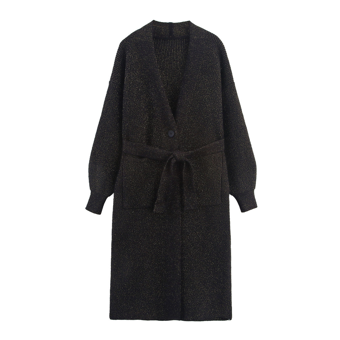 Damen Lange Strickjacke mit Gürtel und Taschen Drune