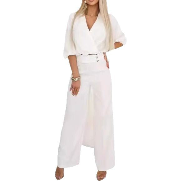 Damen eleganter Jumpsuit mit Wickeloberteil und hochtaillierten Beinen Drune