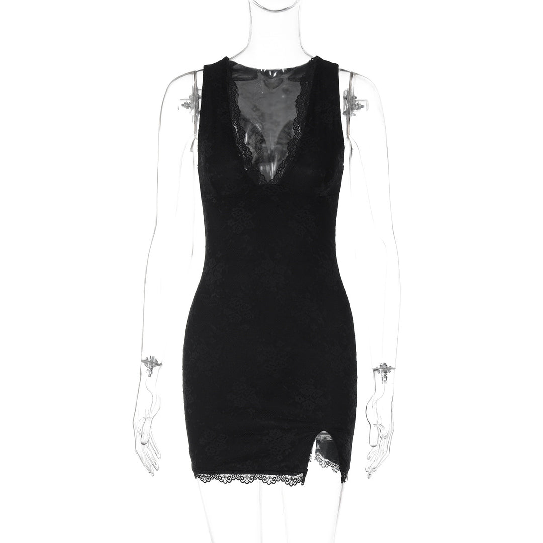 Damen Spitzenkleid mit tiefem V-Ausschnitt und seitlichem Schlitz Drune