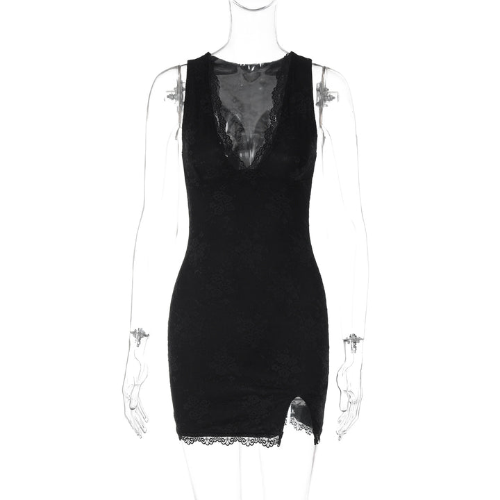 Damen Spitzenkleid mit tiefem V-Ausschnitt und seitlichem Schlitz Drune