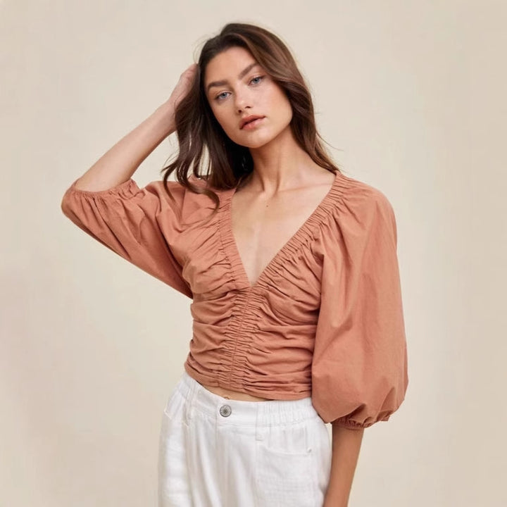 Damen cropped Bluse mit Puffärmeln Drune