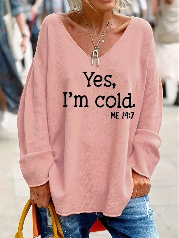Damen Oversized Pullover mit modernem V-Ausschnitt und aufgedrucktem Statement Drune