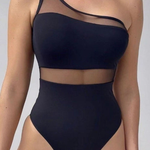 Damen Einteiler Badeanzug mit asymmetrischem Schnitt und transparenten Akzenten Drune