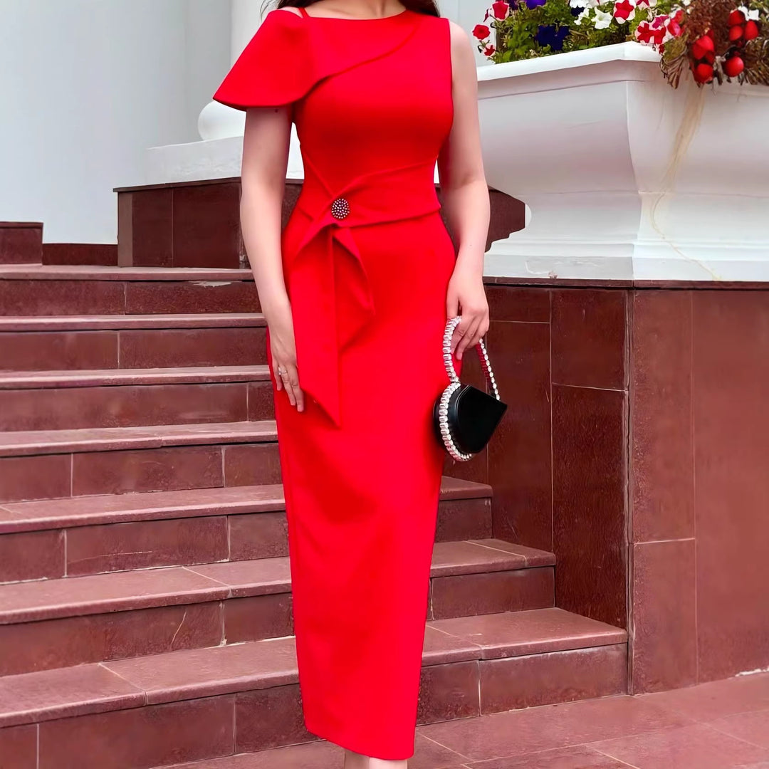 Damen Elegantes Abendkleid mit asymmetrischem Schulterdesign und Taillenknotendetail Drune