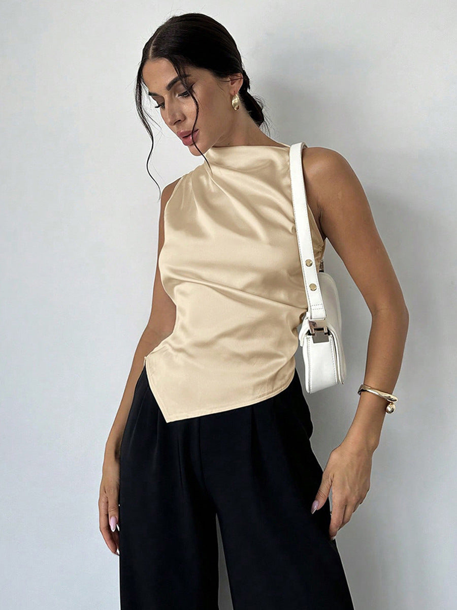 Damen elegantes, tailliertes Satinoberteil mit asymmetrischem Saum Drune