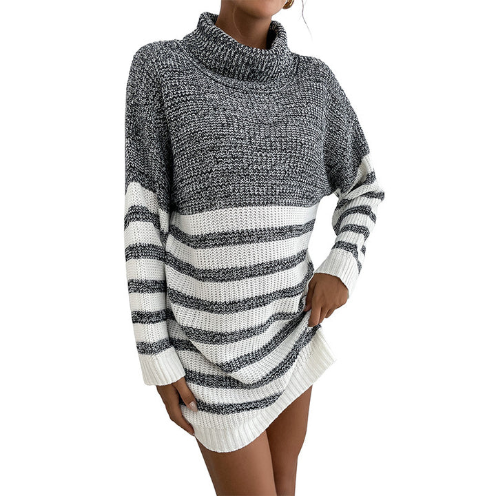Damen Strickkleid mit hochgeschütztem Kragen und modischen Streifen Drune