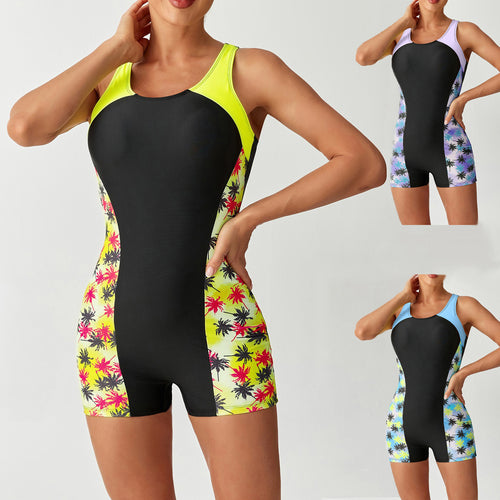 Damen Sportlicher Schwimmanzug mit hohem Kragen und buntem Palmendruck Drune