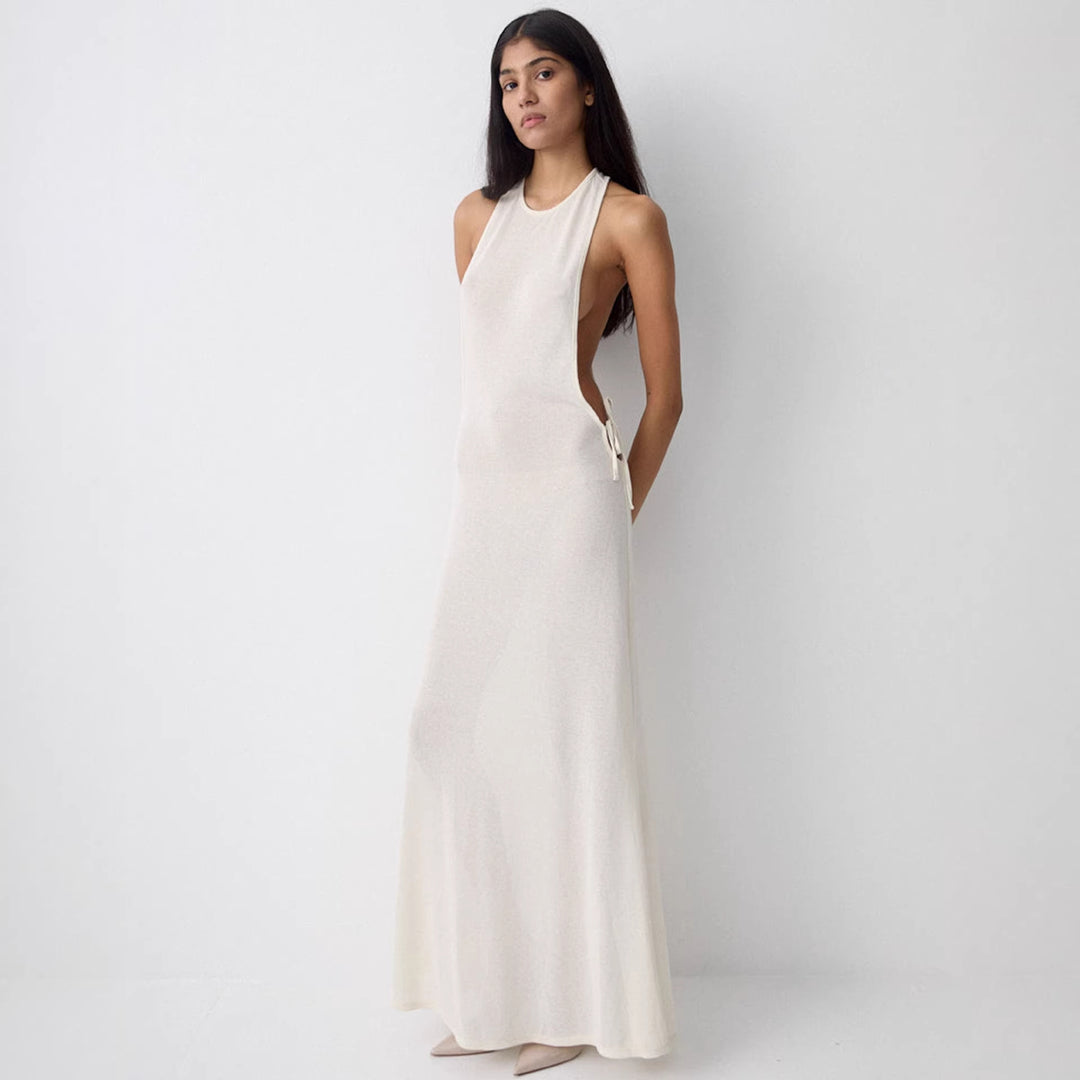 Damen Lange Seidenkleid mit kreativem Ausschnitt und eleganten Schleifendetails Drune
