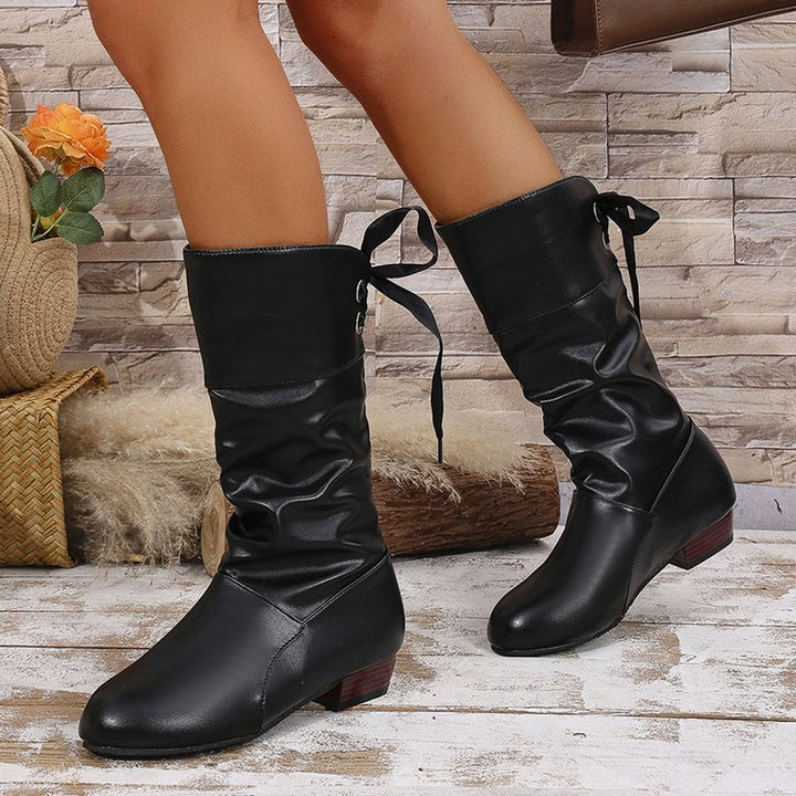 Damen nan schafthöhe Stiefel mit Raffung, rückseitiger Schnürung und niedrigem Blockabsatz Drune