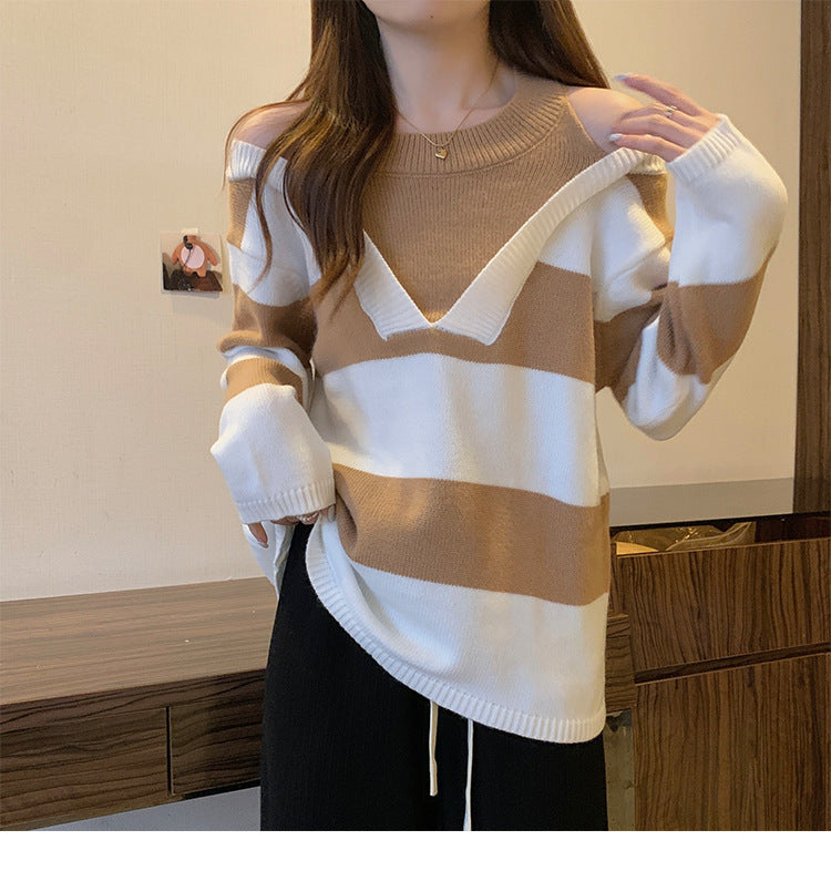 Damen V-Ausschnitt Oversized-Pullover mit modischem Streifenmuster und offenem Schulterdesign Drune