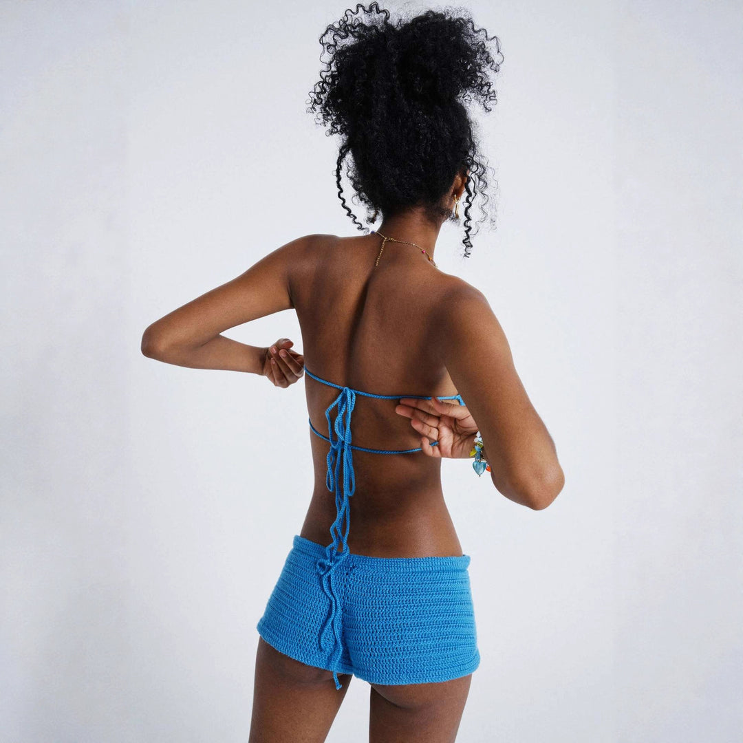 Damen gehäkeltes Bandeau-Oberteil und Shorts-Set mit floralem Design Drune
