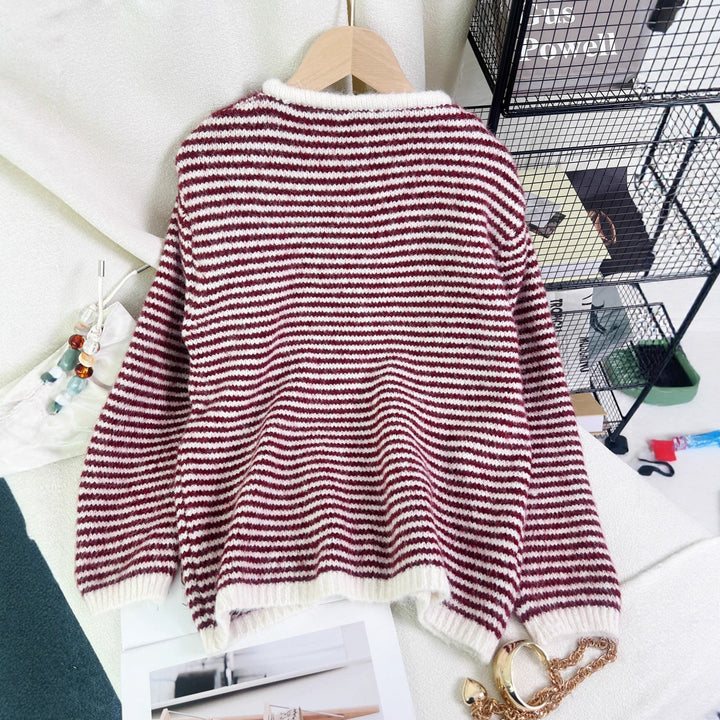 Damen lässiger Streifenpullover mit dekorativem Knopfdetail Drune