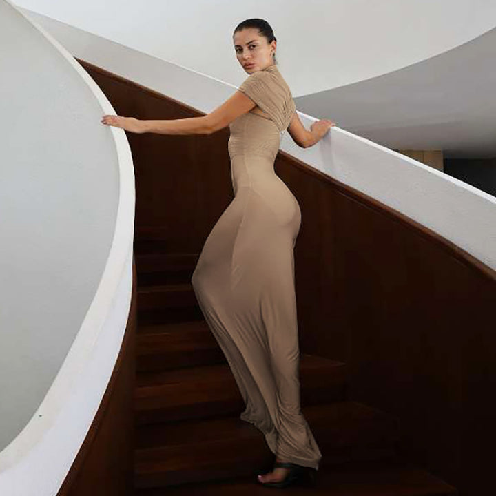 Damen Elegantes Maxikleid mit hochgeschlossenem, drapiertem Kragen Drune