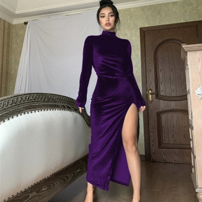 Damen Elegantes Wickelkleid mit hochgeschlossenem Ausschnitt und seitlichem Schlitz Drune